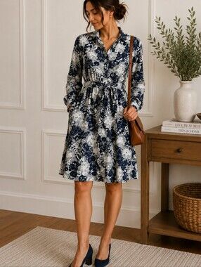 Anthro Conversations Shirt Dress US 4 Navy Art Print Belted